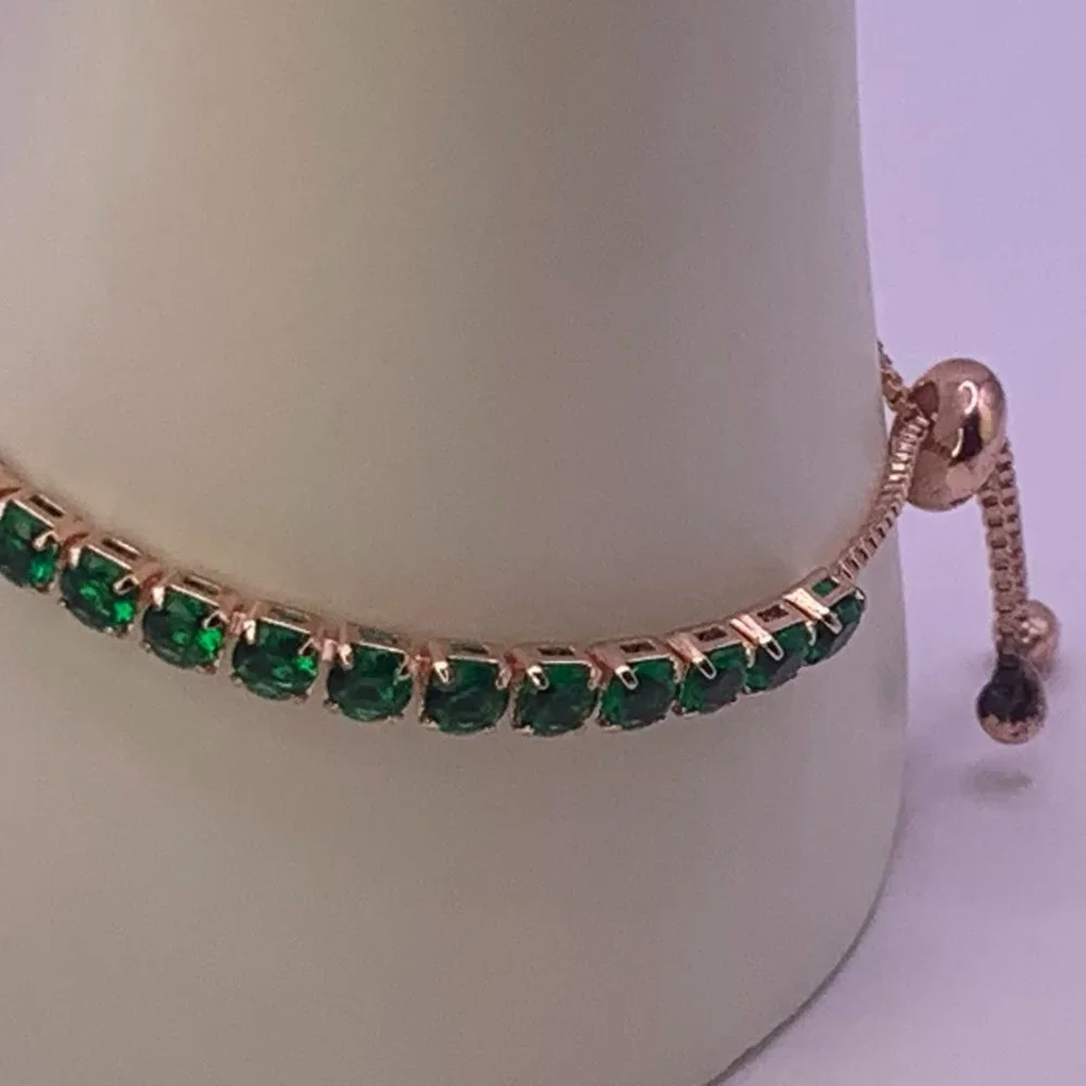 18 K Rose Gold Plated Tennis Bracelet Round 4mm Green Cubic Zirconia - Picture 3 of 4